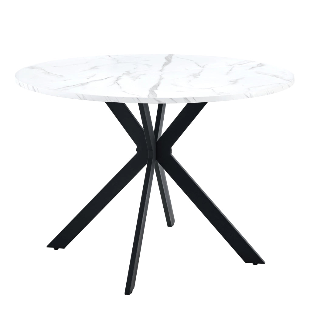 Tavolo da pranzo rotondo 110 cm in MDF effetto marmo bianco con gambe nere in metallo