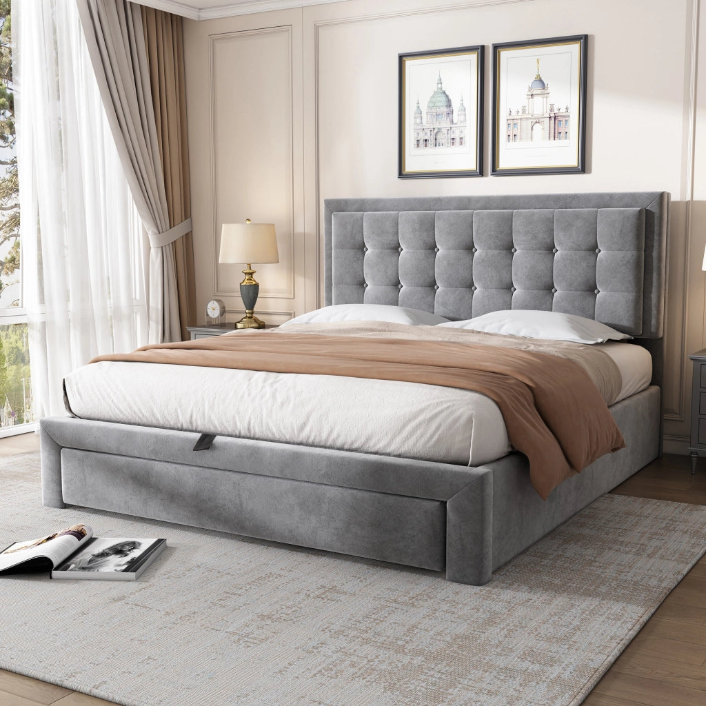 OKWISH Letto Contenitore 140×190 cm, Letto Matrimoniale con Contenitore, 2 Cassetti e Testiera Regolabile, senza Materasso, in Velluto, Grigio