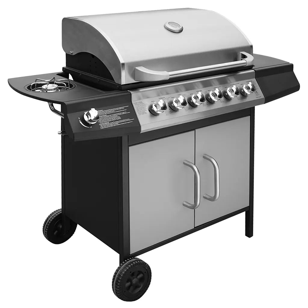 Barbecue e Griglia a Gas 6+1 Fornelli Nero e Argento  cod mxl 17370