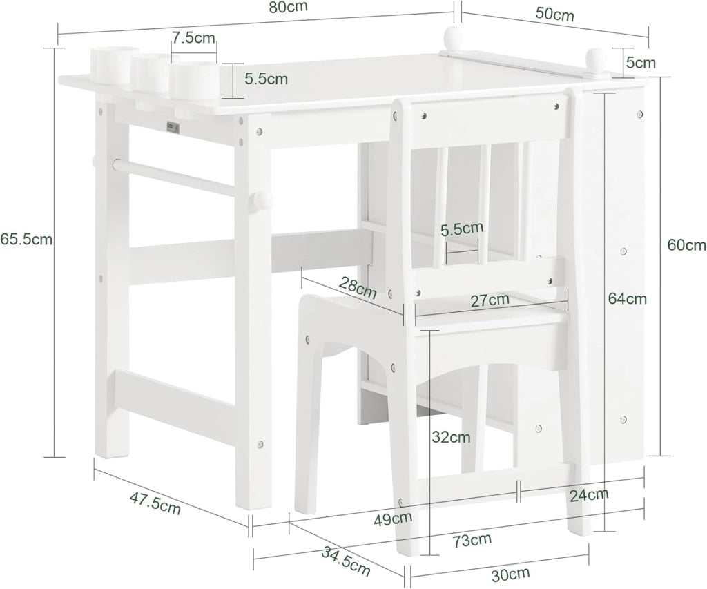 Tavolino Bambini con 1 Sedia, Set Tavolo e Sedie per Bambini Multiattività con 2 Ripiani, Tavolo Disegno e Gioco, Sedia Scrivania Cameretta Bianco 80x54x65,5cm KMB60-W