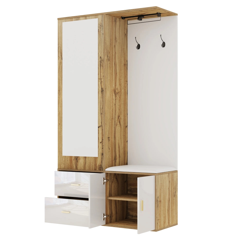 Set Ingresso con Specchio, Scarpiera, Panca con Ganci e Appendiabiti ¨C MINIMAL ¨C Bianco/Legno