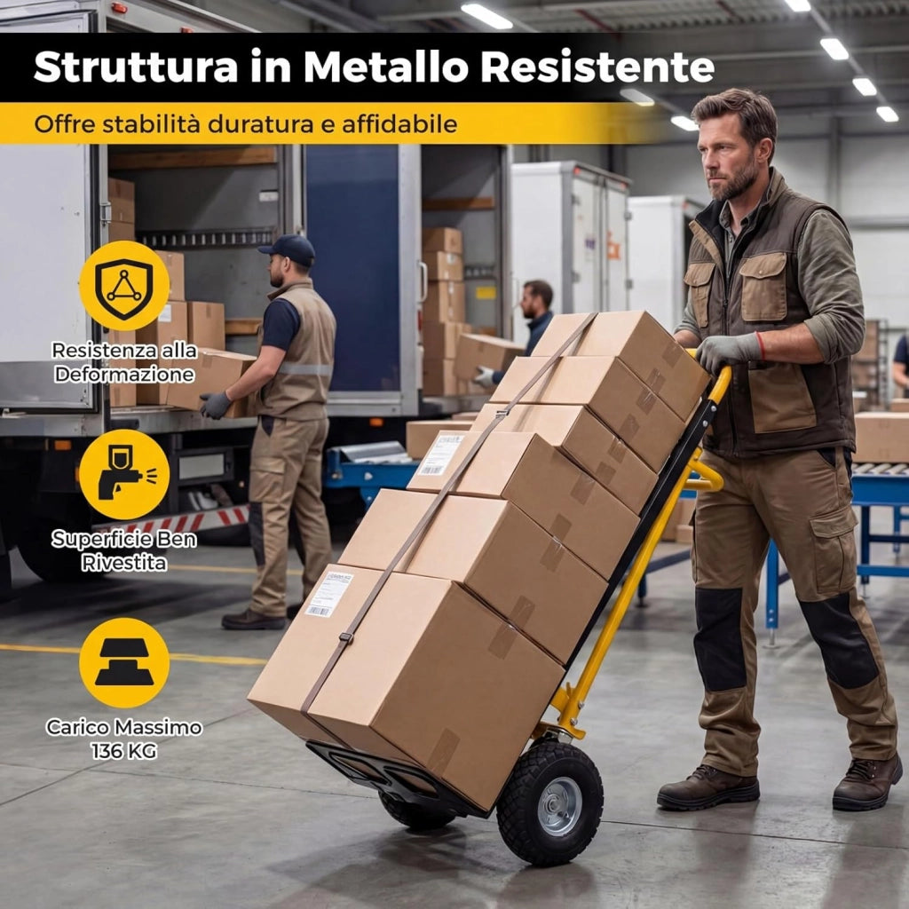 Carrello a Mano 3 in 1, Carrello Pieghevole Trasportatore in Acciaio con Ruote in Gomma Pneumatiche e Manico Ergonomico, Carico 136 kg, per Uso Domestico, Industriale e Magazzino