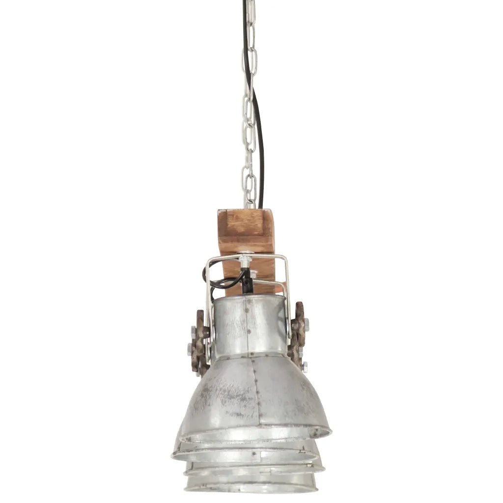 Lampada a Sospensione Industriale Argento E27 Legno di Mango 320521