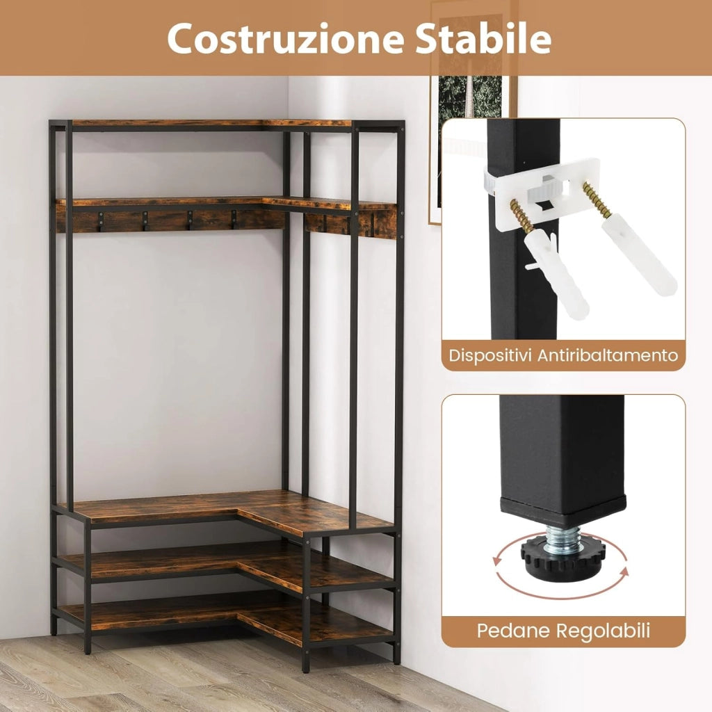Stand Appendiabiti Angolare, Appendiabiti a Forma L con Ripiani Aperti 7 Ganci e Panca per Scarpe, Struttura in Metallo e Piedini Regolabili, 90x90x178 cm (Marrone industriale)
