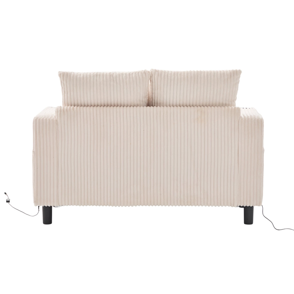 Poltrona relax oversize in corduroy beige con LED, porta USB, portabicchieri e struttura in legno massello