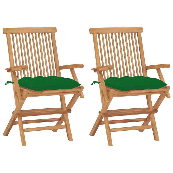 Sedie da Giardino 2 pz con Cuscini Verdi Legno Massello di Teak