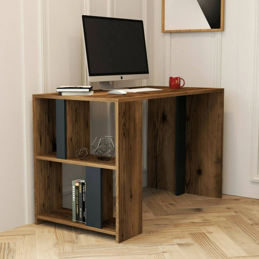 Scrivania Bising, Scrittoio multiuso, Tavolo per ufficio porta PC, Piano di lavoro, 120x60h75 cm, Noce e Antracite