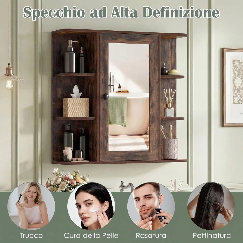 Mobile Bagno da Parete, Armadietto Pensile in Legno con 1 Anta, 6 Scomparti Aperti e 3 Ripiani, Mobiletto da Bagno Salvaspazio per Soggiorno e Camera da Letto, 66 x 16,5 x 63 cm (Marrone)