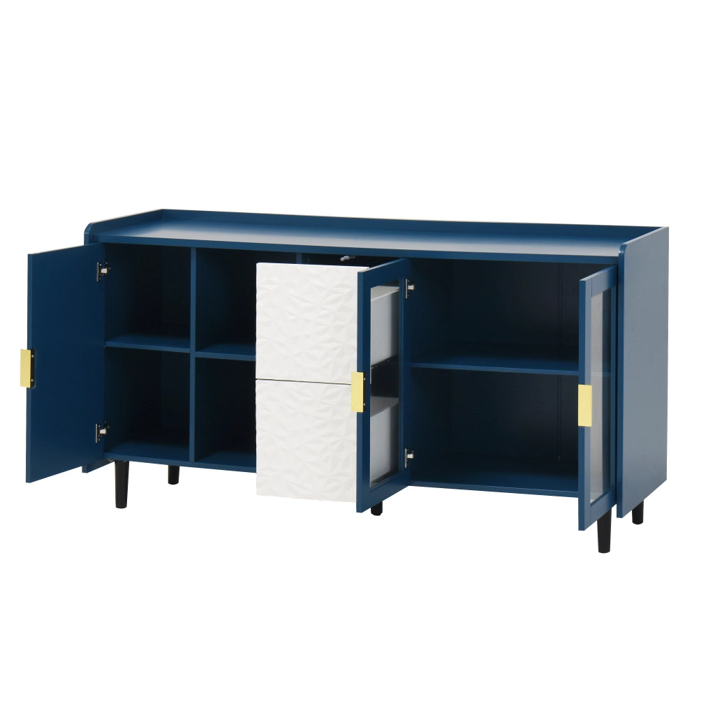 Buffet da Cucina con Vetro e Cassetti ¨C Xylo ¨C Legno Blu, 2 Ante, 55 Pollici