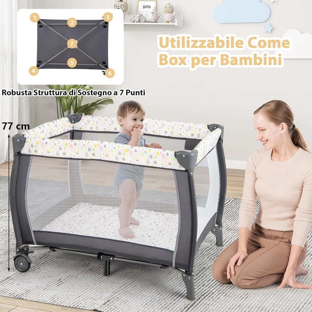 3 in 1 Lettino da Viaggio per Neonati, Lettino da Campeggio Portatile per Bambini con Culla e Fasciatoio Rimovibile, Materasso Rimovibile, per Bambini 0-36 Mesi (Colorato)