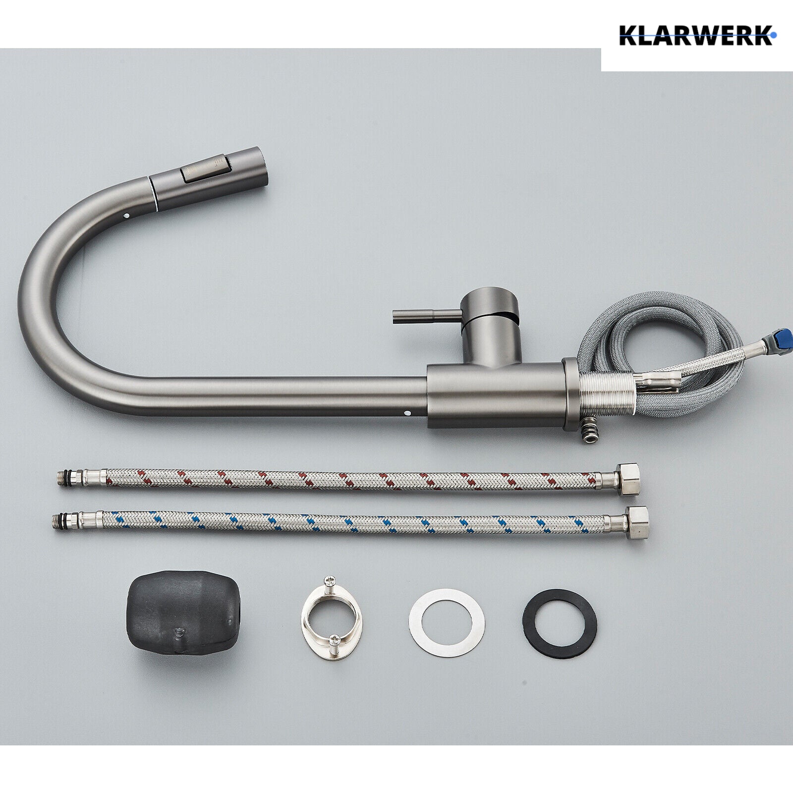 JANA | Rubinetto da cucina estensibile Premium in acciaio inox grigio titanio miscelatore arco alto | alta pressione ruotabile a 360° 2 attacchi