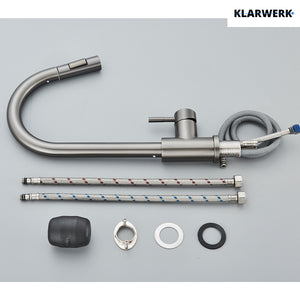 JANA | Rubinetto da cucina estensibile Premium in acciaio inox grigio titanio miscelatore arco alto | alta pressione ruotabile a 360° 2 attacchi