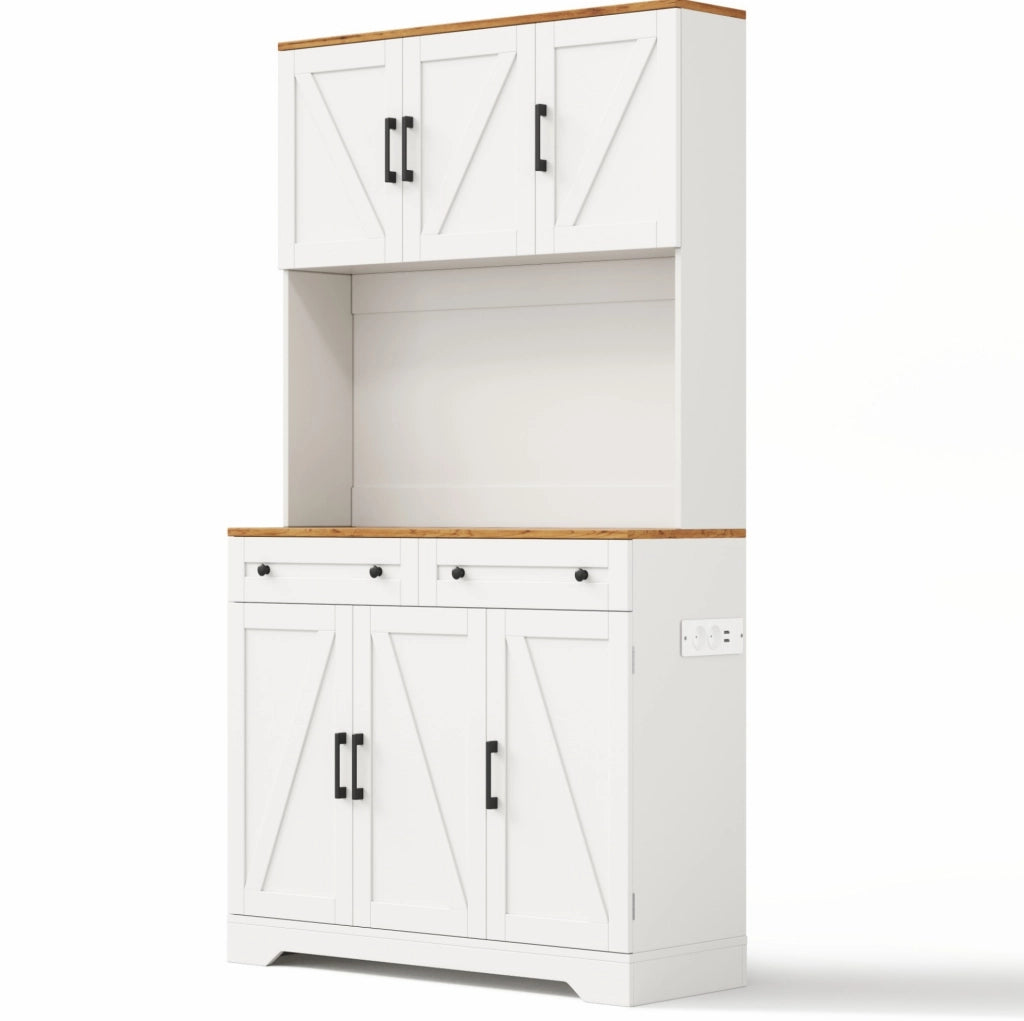 Credenza alta da cucina 100x40x180 cm in MDF naturale e bianco con LED e prese
