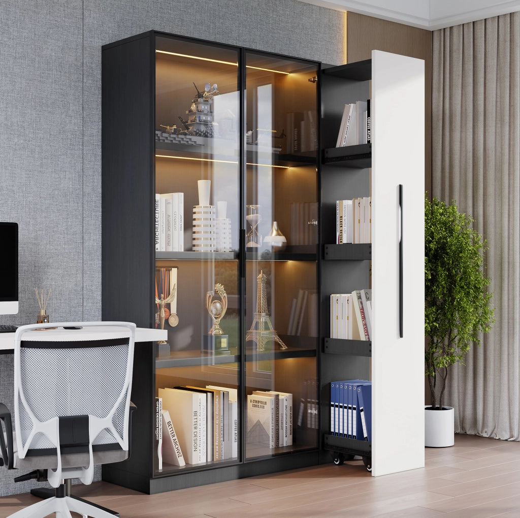 Mobile multiuso 2 in 1 con vetrina LED e vano estraibile; 110;5 x 35 x 160 cm; bianco e nero