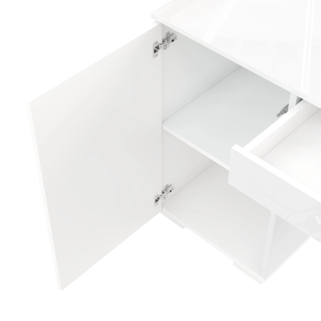 Scrivania moderna lucida 140 x 50 cm con LED, 1 cassetto, 2 ante e ampio spazio contenitivo, bianco