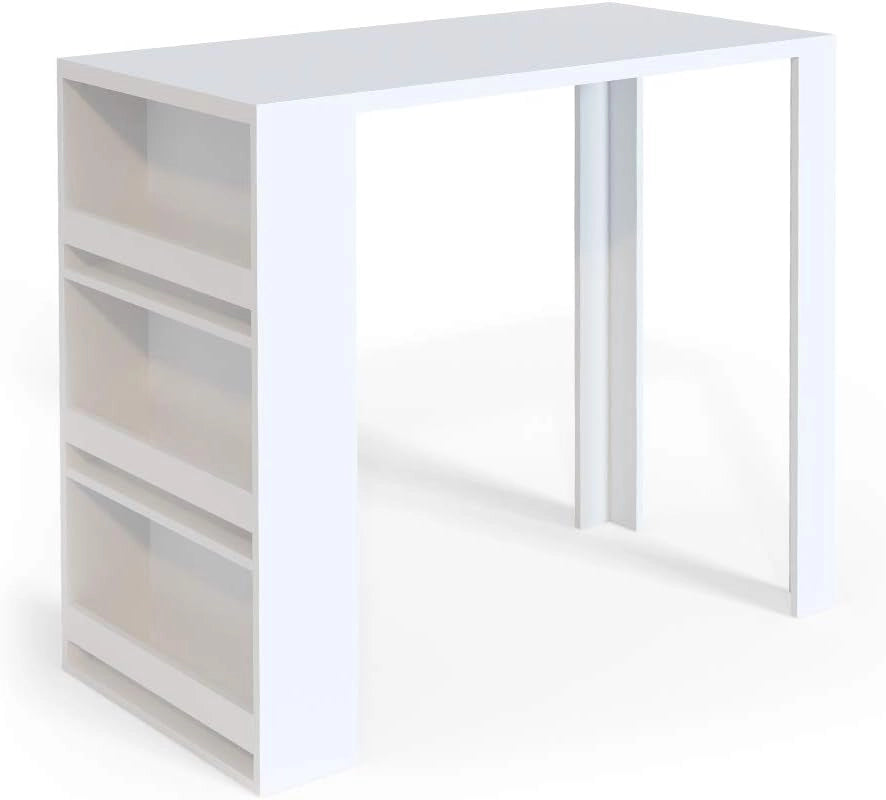 Tavolo bar alto, Bianco, 57 x 117 cm, con ripiani aperti per riporre utensili da cucina