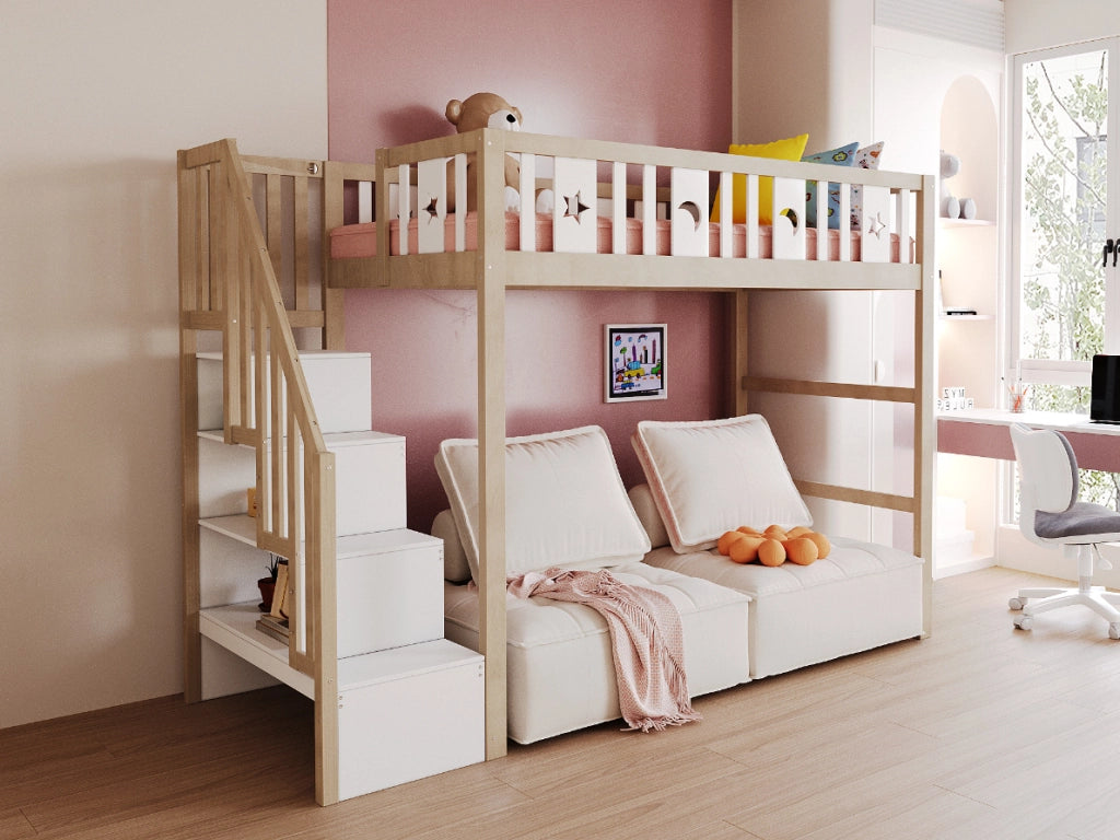 Letto a soppalco 90x200 cm con scala; ripiani e decori luna e stelle in legno naturale e bianco