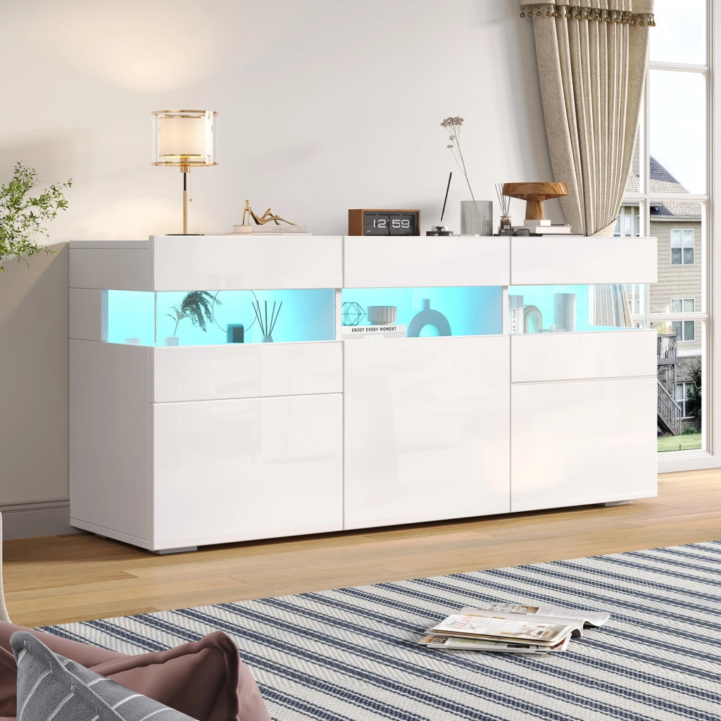 Credenza bianca lucida con LED e 3 ante, 140 cm
