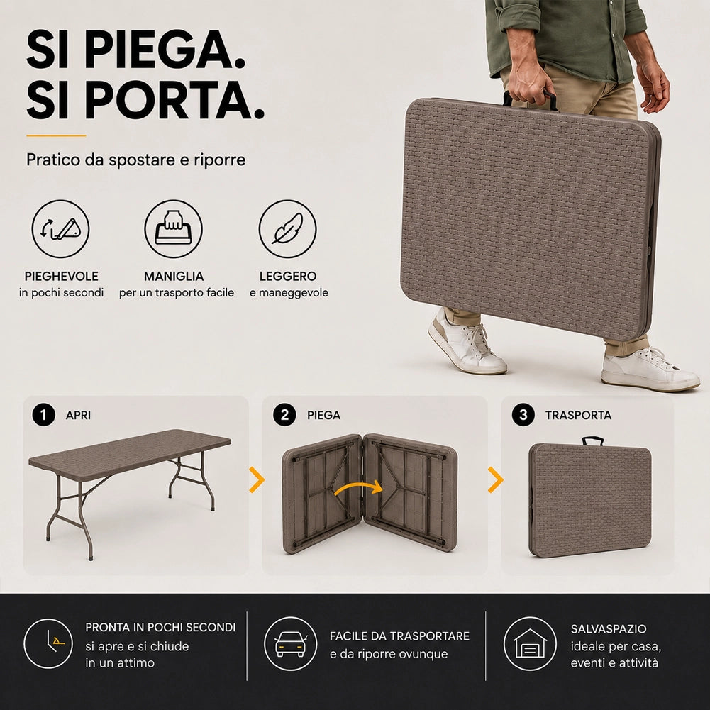 Tavolo Pieghevole Tortora Polyrattan Resistente Tavolino da Esterno 180x74x74cm
