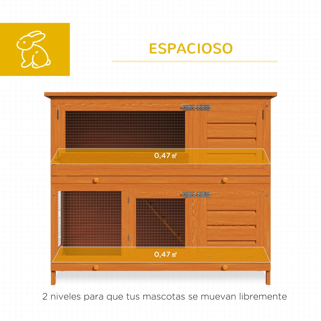 Casetta per conigli da esterno 2 piani ¨C Xylo ¨C legno naturale con tetto, rampa e vassoi estraibili 120x48x100 cm