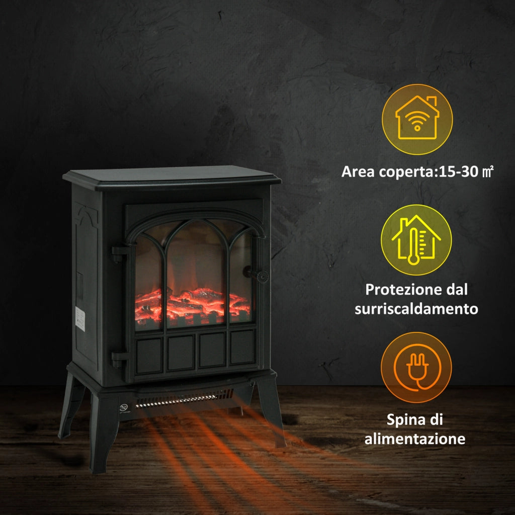 EasyComfort Camino da Terra Elettrico Potenza 1000W / 2000W con Effetto Fiamma Luminosità Regolabile, Caminetto Elettrico con Temperatura Regolabile e Protezione Anti Surriscaldamento, 39x23x56.5cm, Nero