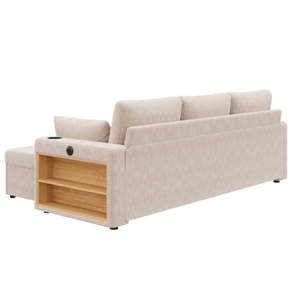 Sofa modulare a U/L 190x130x85 cm in corduroy beige con LED; USB e contenitore