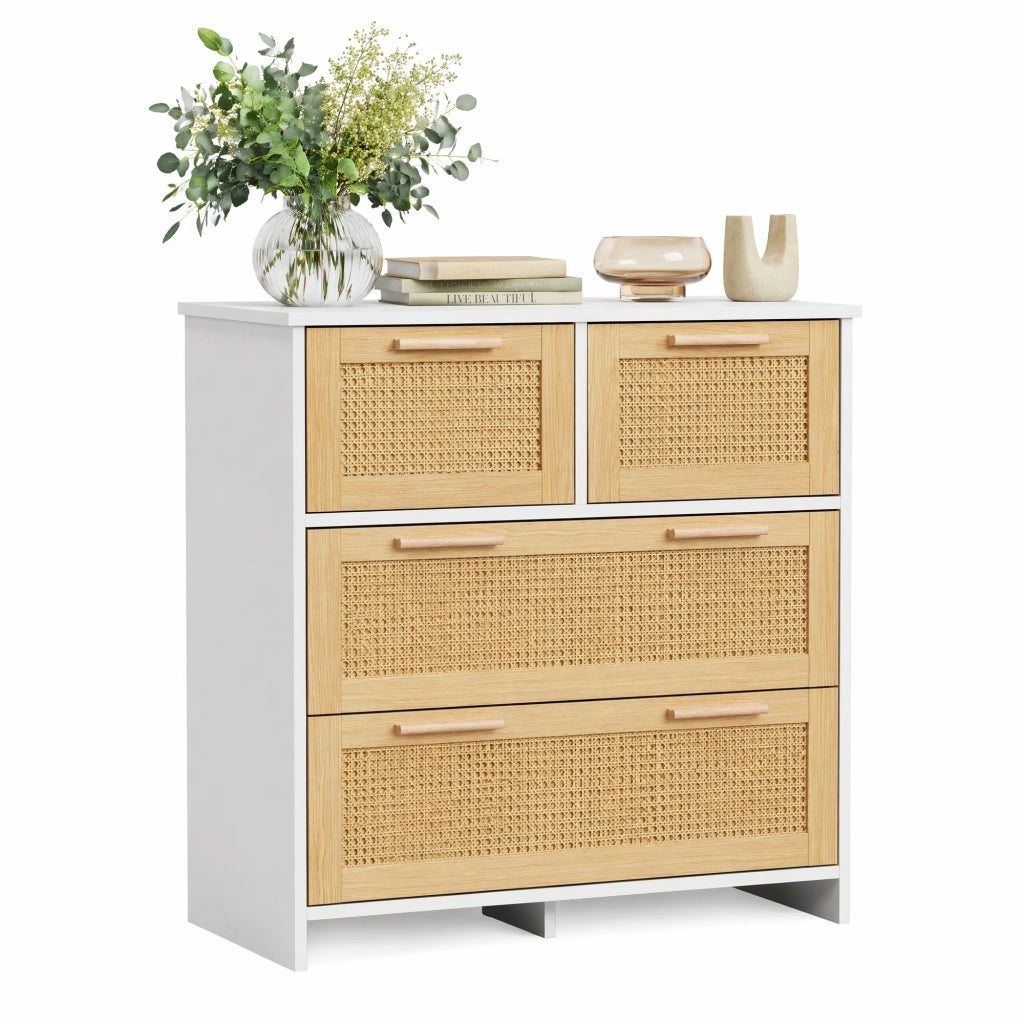 Cassettiera moderna in MDF con 4 cassetti in rattan 80x80x38 cm
