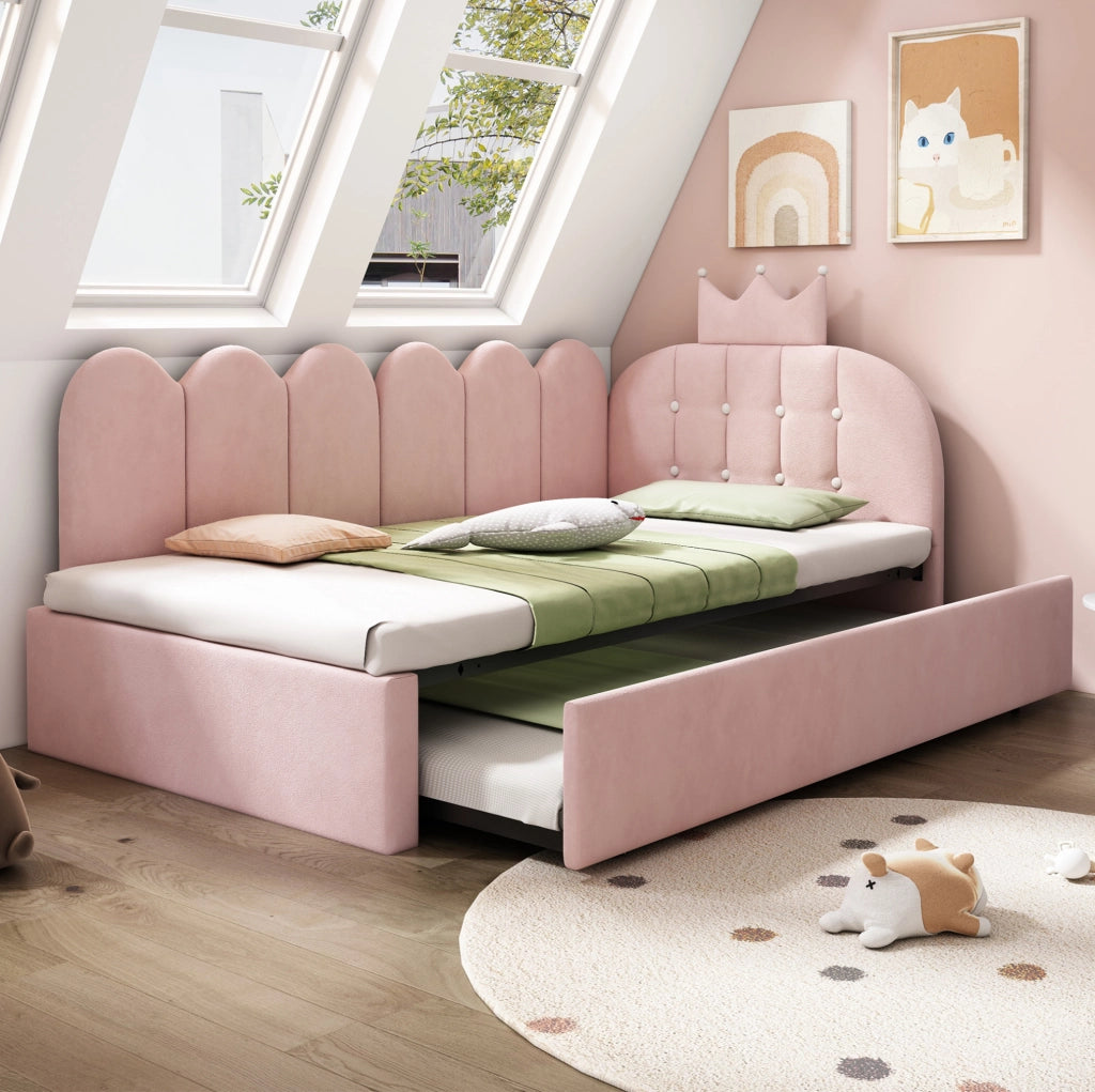 Letto divano a L in velluto rosa con letto estraibile 90x200 cm