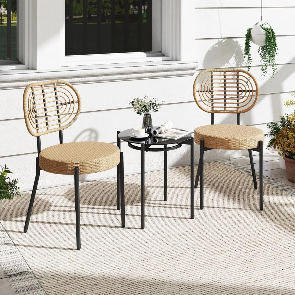 Set Salotto da Giardino 3 Pezzi, Sedie in Rattan PE e Tavolo con Piano in Vetro Temperato, Struttura in Metallo Resistente, Mobili da Esterno per Patio, Balcone e Terrazza