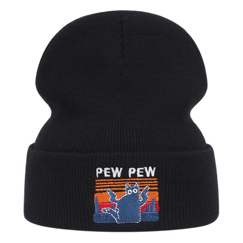 Cappelli invernali caldi lavorati a maglia con ricamo "Naughty Cat", neri.