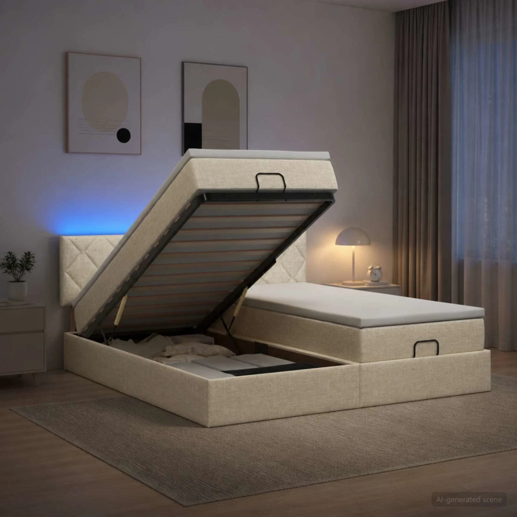 Letto Ottomano con Materasso e LED Crema 180 x 200 cm Tessuto 3457299