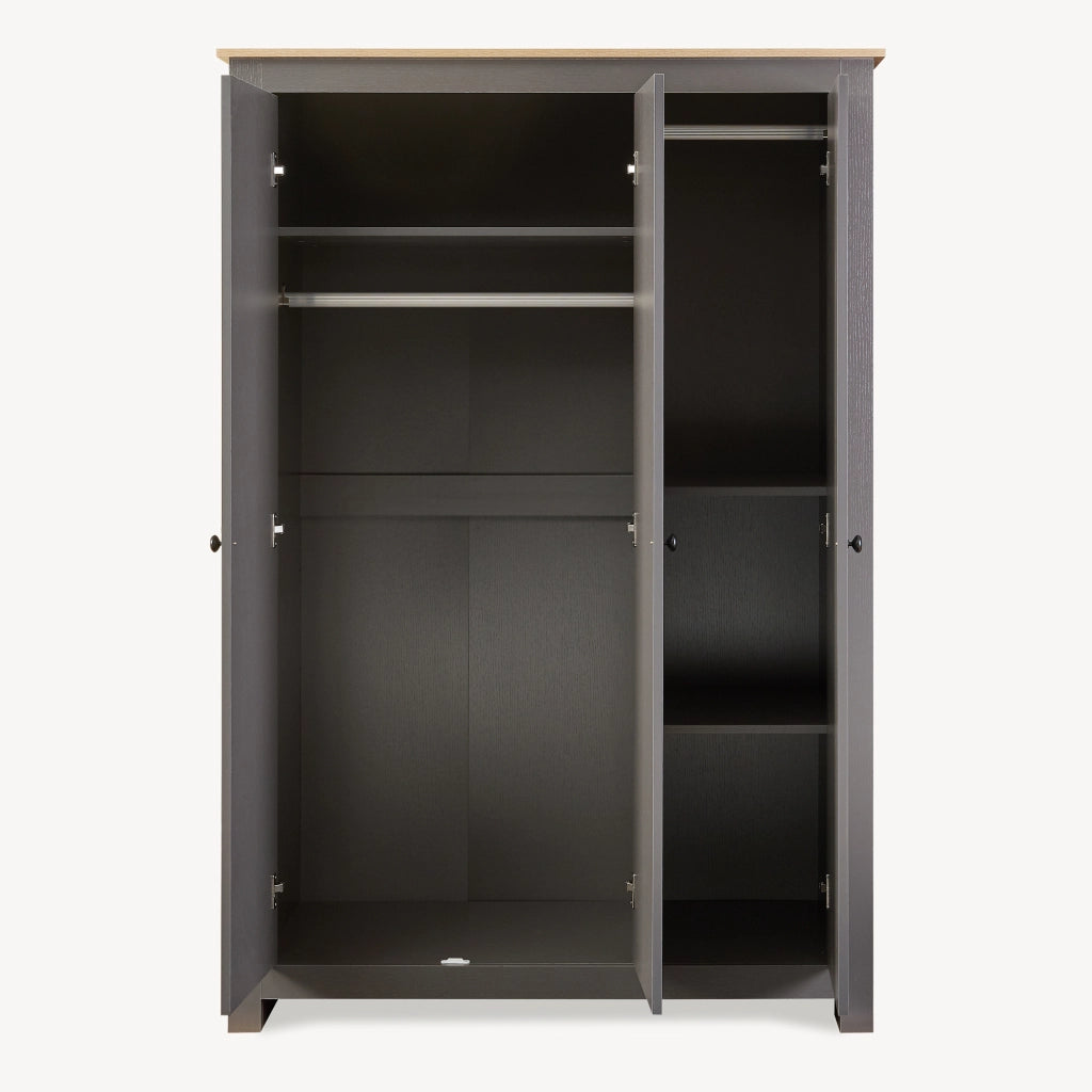 Armadio Guardaroba Vasand a 3 Ante con Barre Appenditi e Ripiani 175x120x52 cm Grigio / Effetto Rovere [en.casa]
