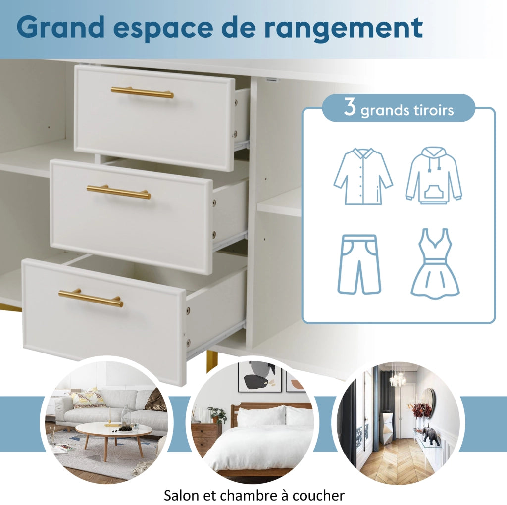 Credenza moderna con 2 ante e 3 cassetti; ripiano regolabile; 120x40x75 cm; bianco