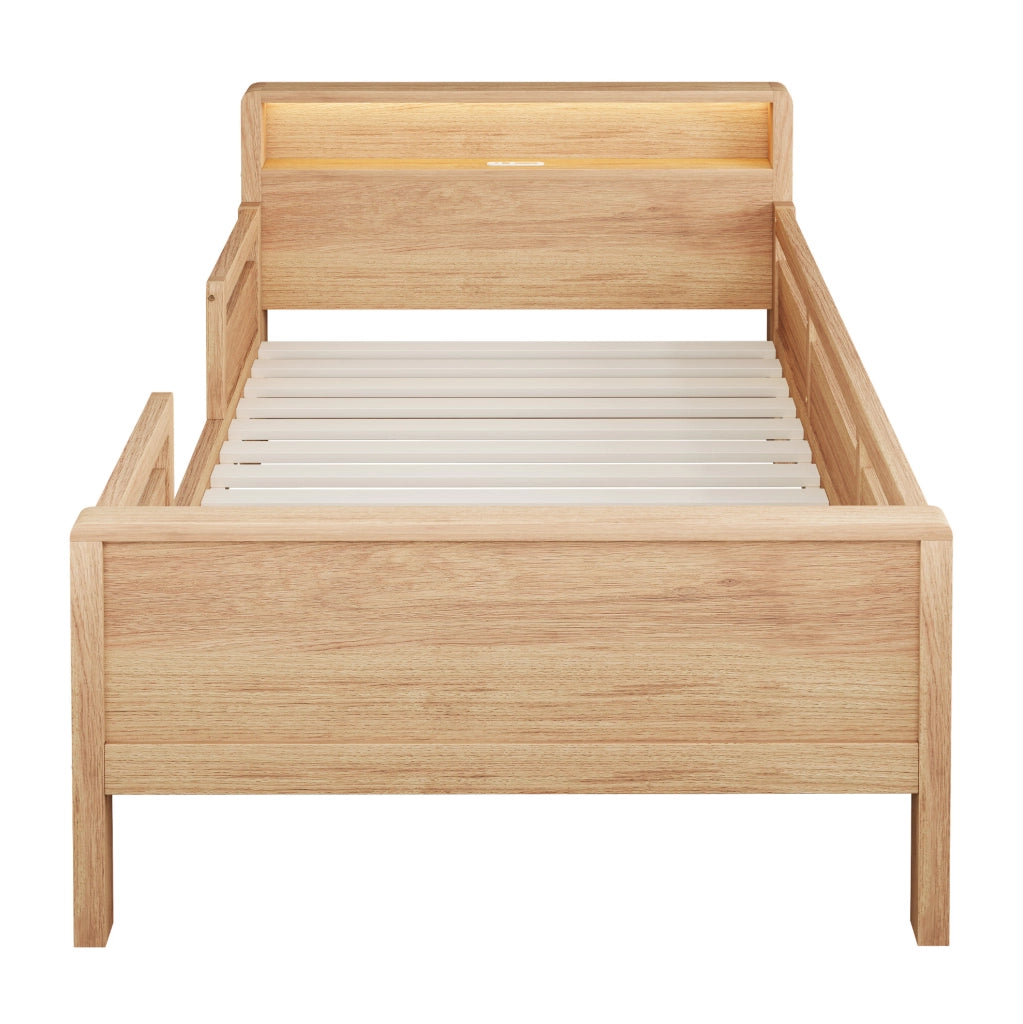 Letto singolo per bambini in legno con LED, USB-C e testiera con vano