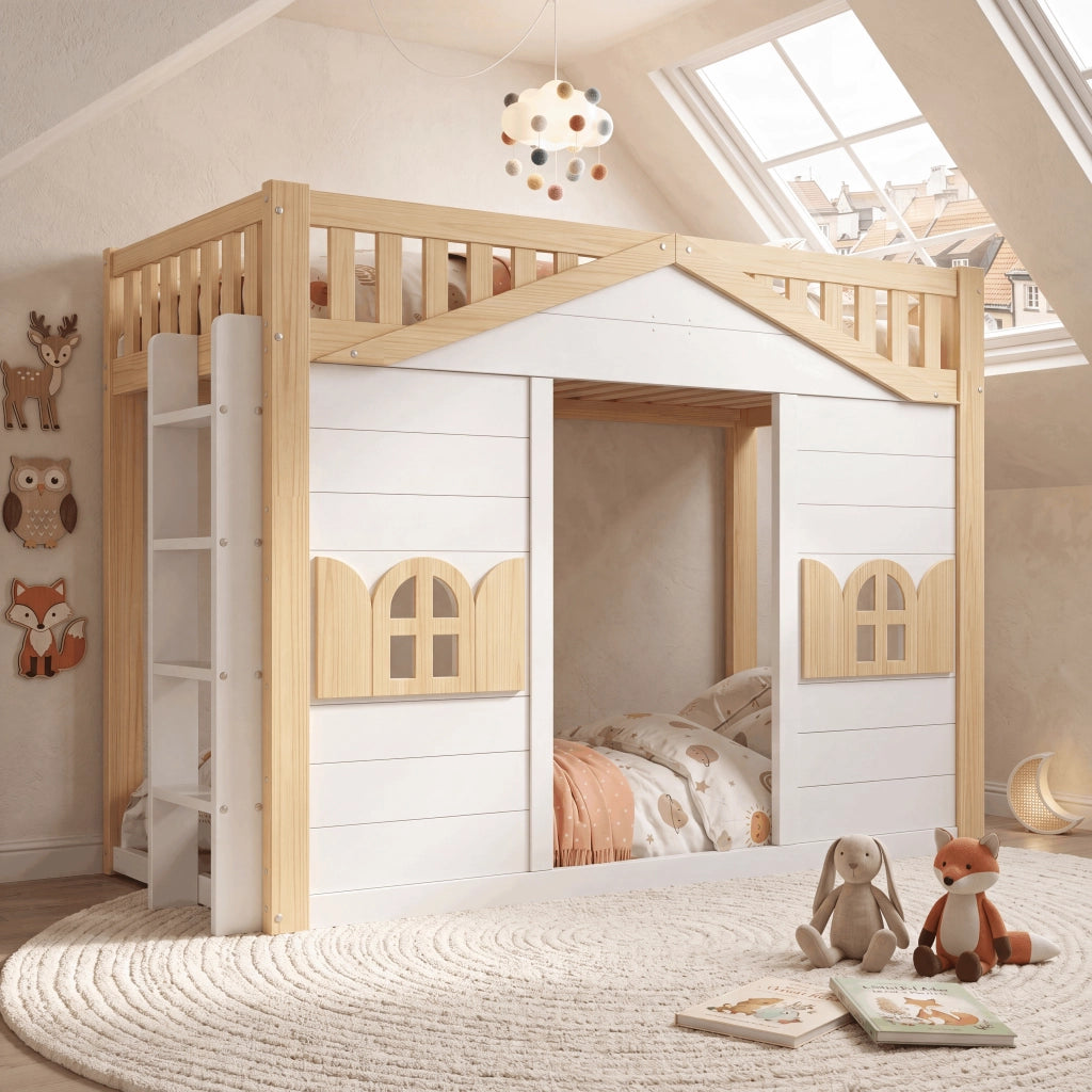 Letto a castello cabana con scala reversibile e finestra LEMONMAX; 90x200 cm; spazio sotto multifunzione; pino e MDF; bianco/naturale