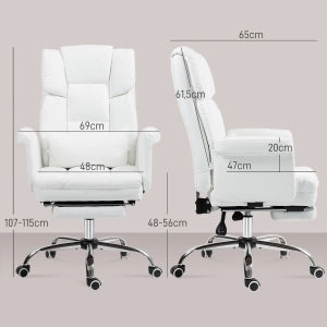 Sedia da ufficio ergonomica con schienale reclinabile e poggiapiedi in pelle rigenerata bianca 69 × 65 × 107-115 cm