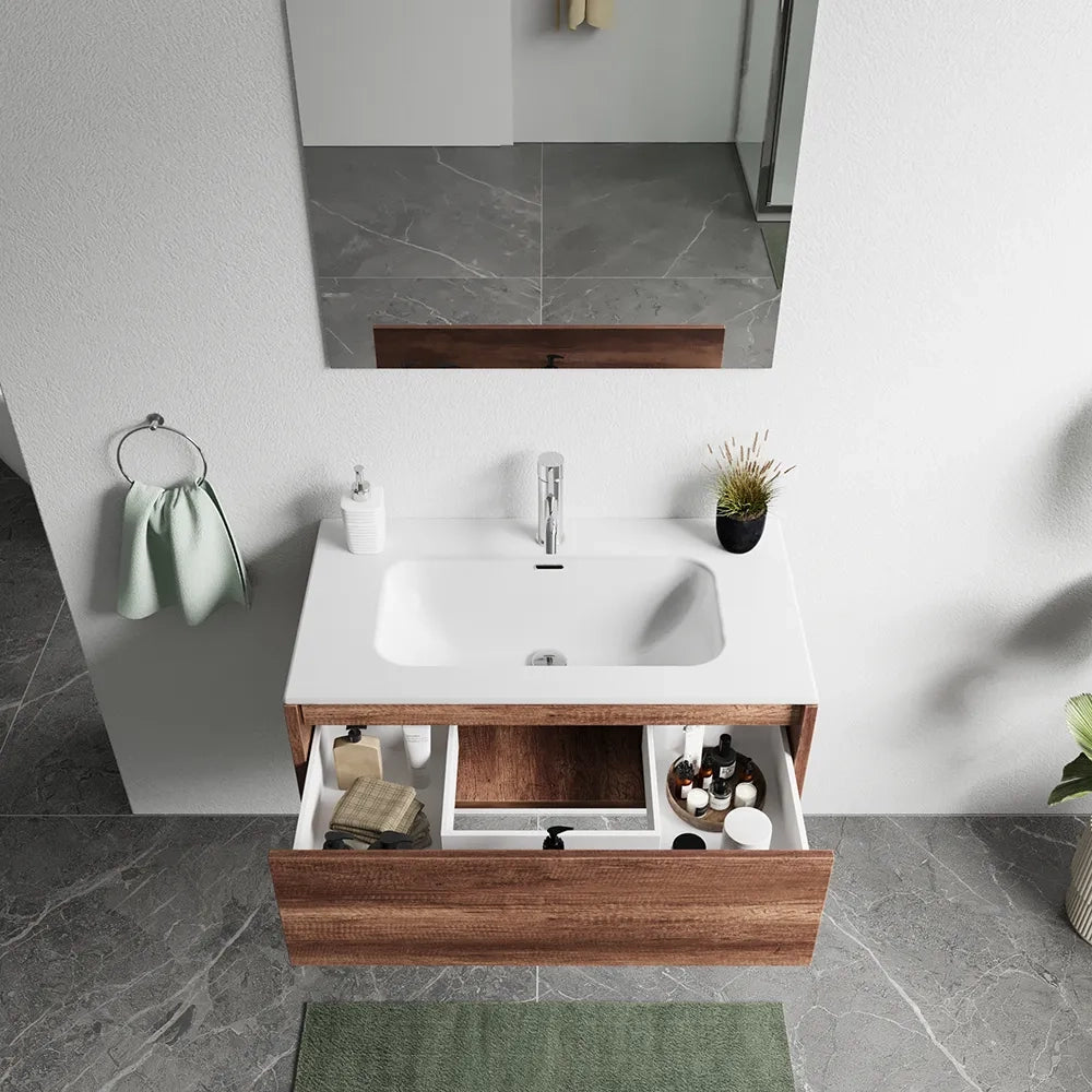 Mobile bagno sospeso 100cm un cassetto apertura push&pull rovere barok con lavabo | Galdor