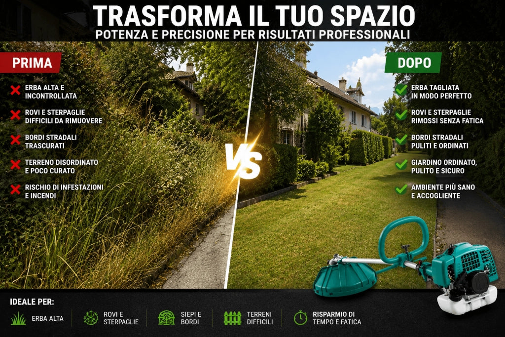 Decespugliatore a Scoppio 52cc 2 Tempi Motore Potente Euro V per Erba Alta, Rovi e Sterpaglie con Lama e Filo Nylon, Asta Dritta Professionale