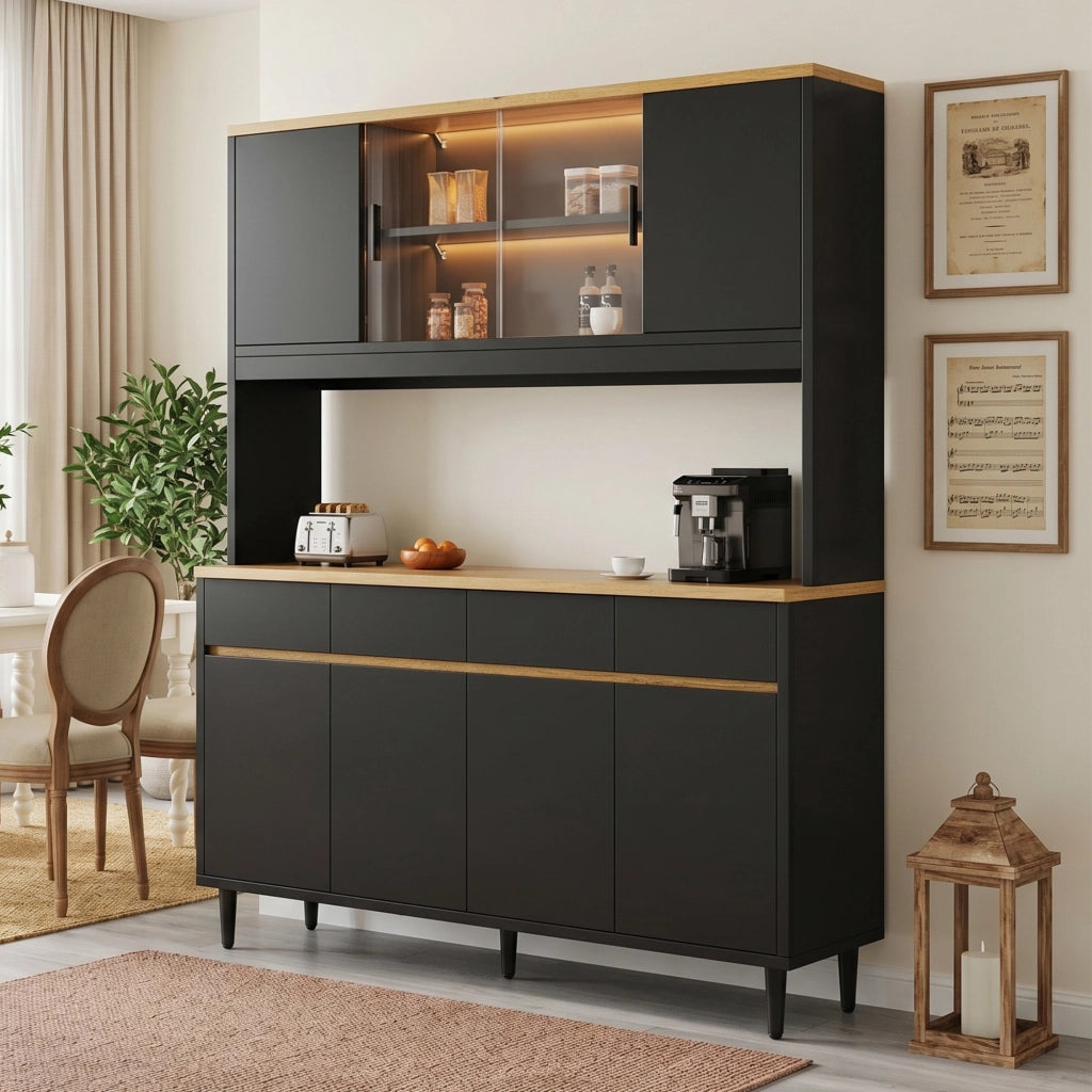 Credenza e madia con LED app, porte in vetro e prese USB, per soggiorno e cucina, in truciolare, nero, 160 × 40 × 185 cm