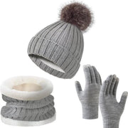 Cappello 3 in 1 con Felpa e Pom - Sciarpa a Infinito Lunga - Guanti per Touchscreen - Inverno - Donna e Uomo - Attività All'aperto - Utilizzo Giornaliero - Regalo - Grigio