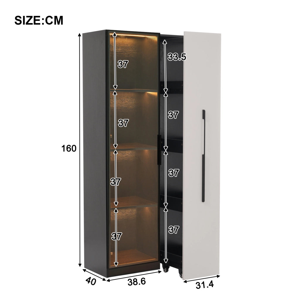 Vetrina con 1 Porta in Vetro Temperato; 1 Cassetto Laterale; LED; Cerniere Silenziose; in MDF; 70??40??160 cm; Nero Bianco