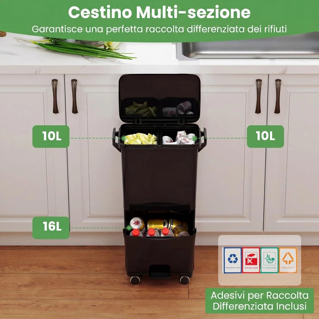 40L Pattumiera Differenziata a 3 Scomparti, Bidone per Spazzatura con Cestino Rimovibile e 4 Ruote, Secchio Rifiuti a Pedale per Cucina Sala da Pranzo Soggiorno (Nero)