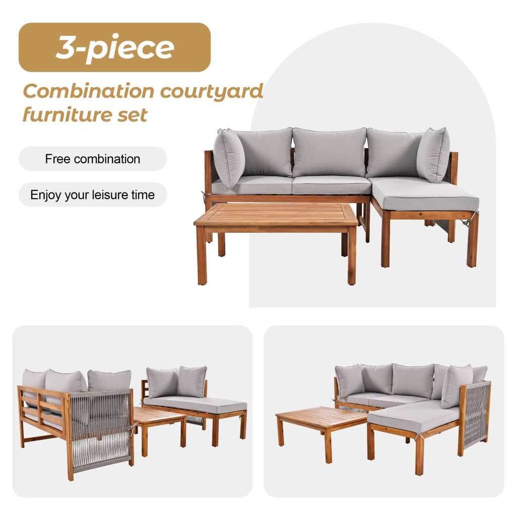 Set lounge da giardino 3 pezzi in legno grigio con cuscini sfoderabili e sedute in corda
