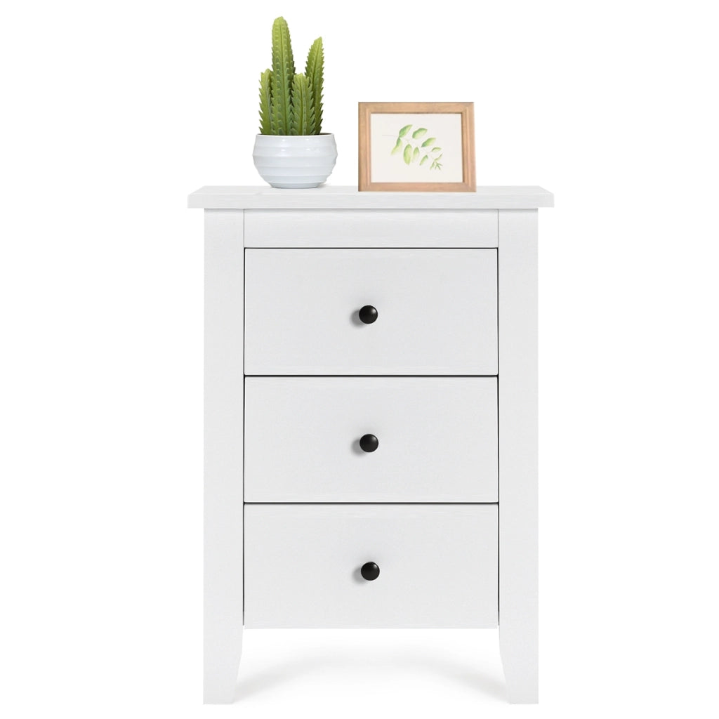 Comodino con 3 cassetti, Cassettiera moderna vicino al letto Bianco