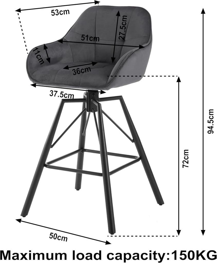 2 Pezzi Sgabello da Bar con Poggiapiedi, Sedia da Cucina con Sedile Girevole, Schienale e Braccioli, Seduta in Velluto e Gambe in Metallo, Grigio Scuro, BH397dgr-2