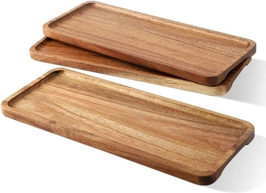 Tavolo di servizio in legno, 30 x 12 cm, set a 3 pezzi, tavolo di servizio decorativo in legno di acacia, tavolo di servizio, piccolo tavolo di servizio in legno, tavolo di servizio in legno, decorazione, rettangolare, piatti decorativi per dessert