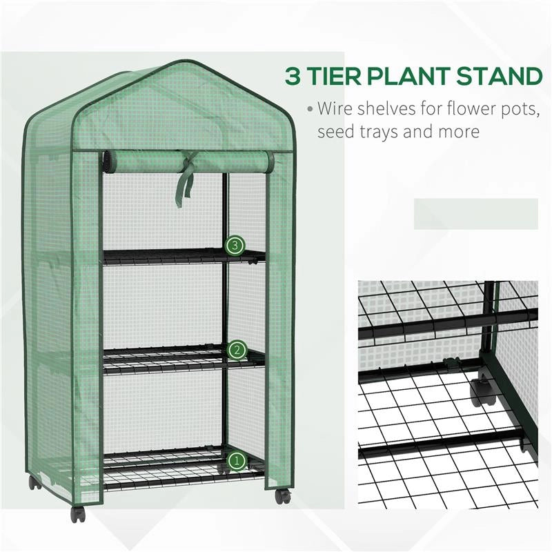 MINI SERRA DA GIARDINO CON COPERTURA IN PE, 3 RIPIANI E RUOTE, 69X49X130CM, VERDE