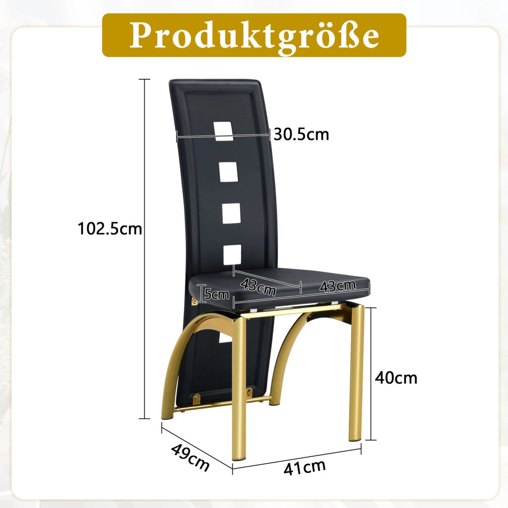 Set di 2 sedie da pranzo con schienale traforato; PU nero e gambe dorate