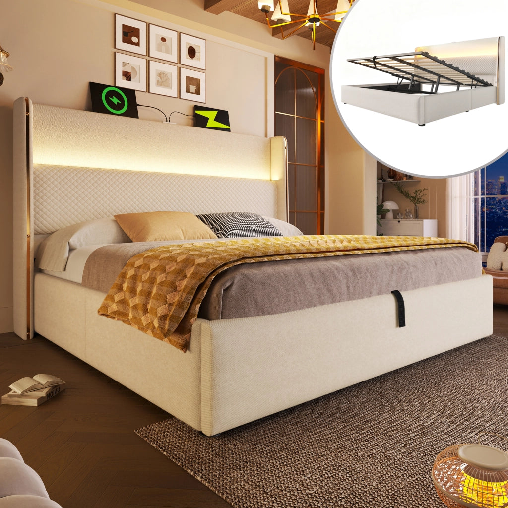 OKWISH Letto contenitore 90×200 cm, Letto Singolo con LED Regolabile, USB, Tipo C e Testiera Alta, senza Materasso, in Lino, Beige