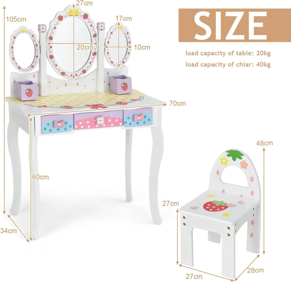 Toeletta Trucco 2 in 1 per Bambina, Specchiera Staccabile con Sedia, 3 Cassetti e 2 Portapenne, Postazione Trucco per Cameretta in Legno, 70 x 34 x 105cm (Bianco)